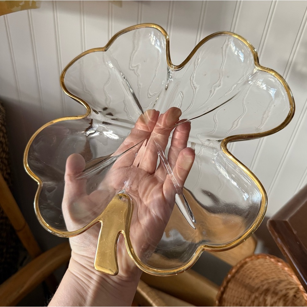 Clear Glass Clover Dish with Gold Trim